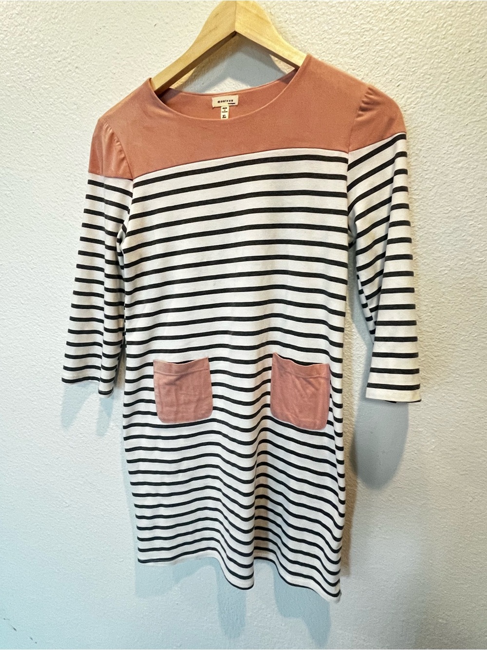 Monteau Black & White Striped Dress with Dusty Rose Yoke and Pockets